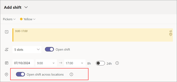 Screenshot showing the Open shift across locations toggle for an open shift.