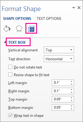 Text box options in the Format Shape pane