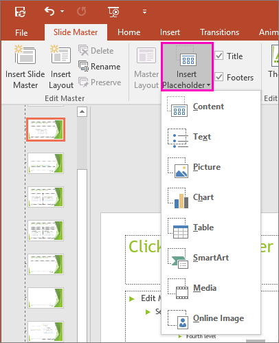Shows the Insert Placeholder button in the Slide Master View in PowerPoint
