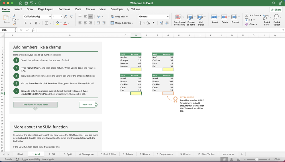 Excel 2021 for Mac window with Take a Tour template opened