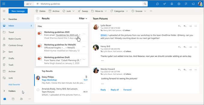 Search results in Outlook will appear in a card overlay.