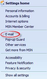 Email option in settings drop down