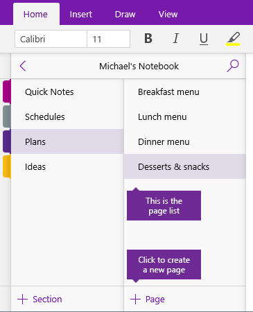 Screenshot of the Add Page button in OneNote
