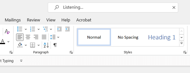 Voice Search in Word showing the Listening mode.