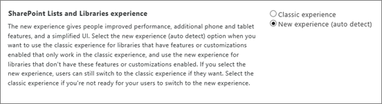 Setting for default List and Library experience