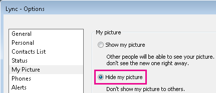 Screenshot of section of Lync My Picture Options winodw showing Hide Picture selected