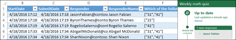 Excel workbook displaying quiz results