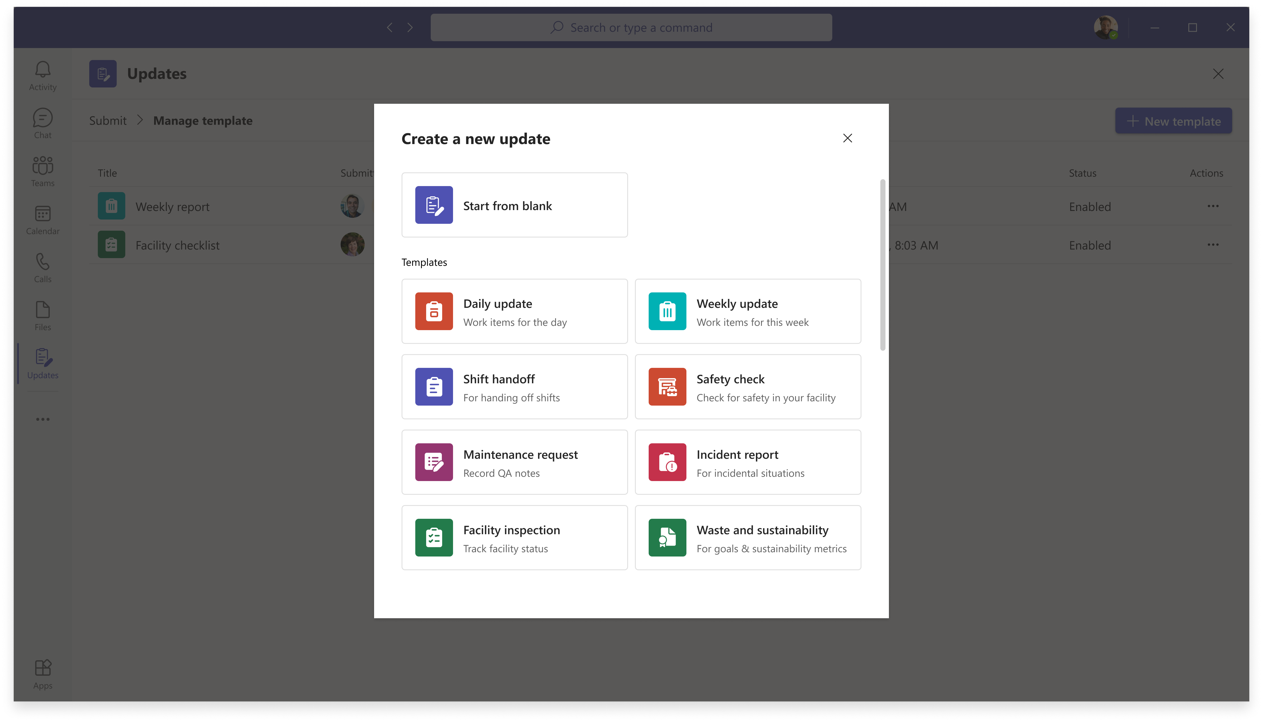 Desktop showing how to create a template in Updates app in Microsoft Teams