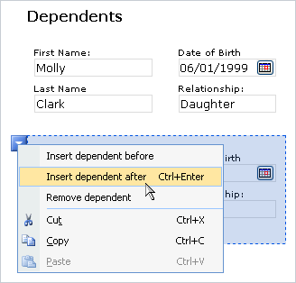 Shortcut menu overlapping repeating section on form