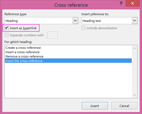 Cross-reference dialog with hyperlink checkbox highlighted
