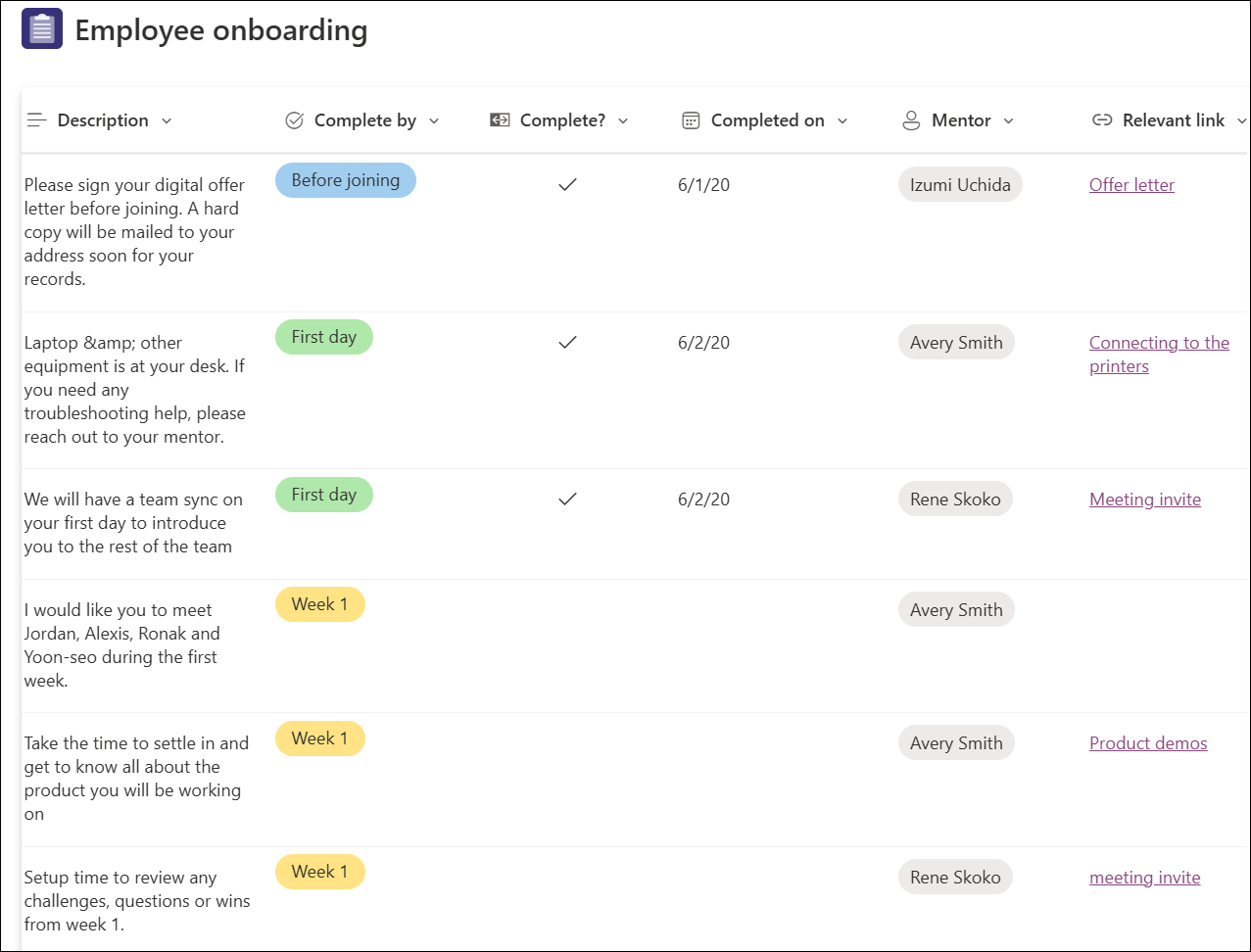 screenshot of Template of employee onboarding sample