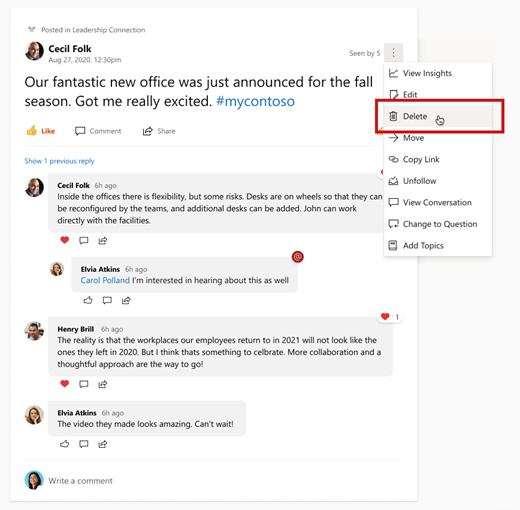 Screenshot showing the menu in Yammer for deleting a conversation starter post