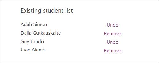 Removed students' names are crossed off of the Existing student list with options to Undo and Remove next to all names.