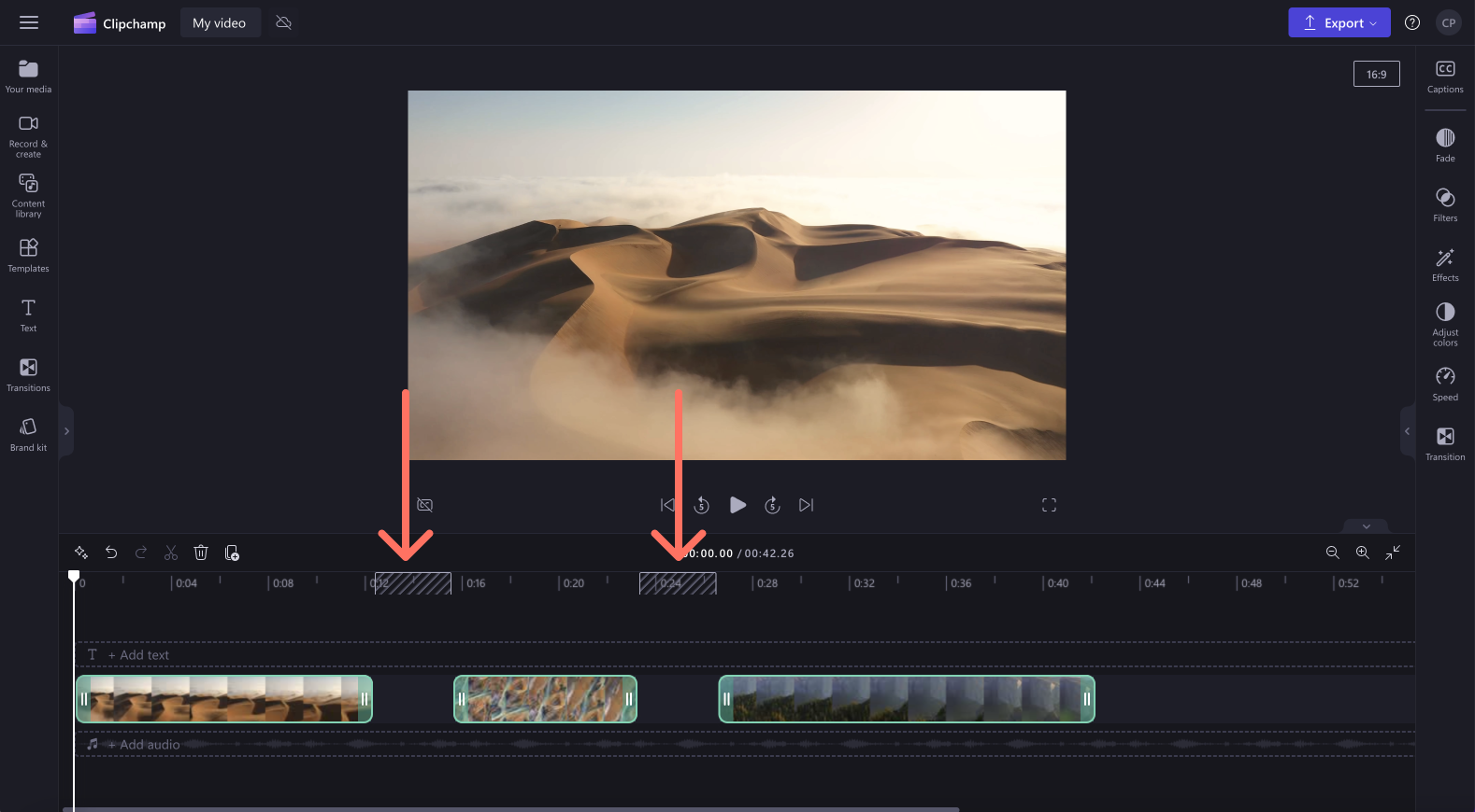 Image showing visual gaps between clips in the Clipchamp timeline