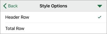 Style Options command, with Header Row selected