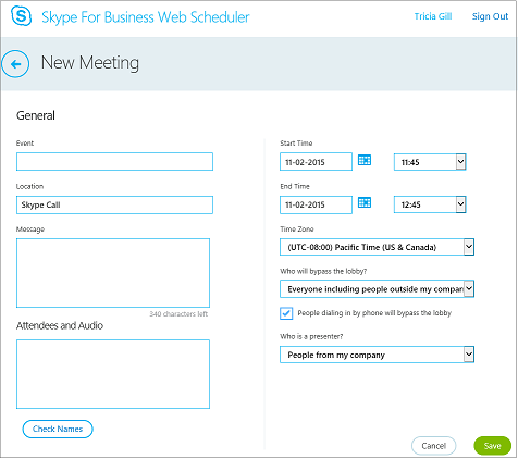 Web Scheduler screen where you provide meeting details and add invitees
