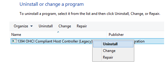 The screen shot of uninstalling the 1394 OHCI Compliant Host Controller (Legacy) 