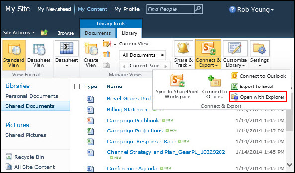 SharePoint 2010 Shared Documents folder, Open with Explorer option