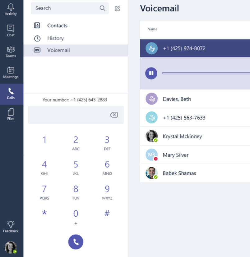 Calls screen with contacts, history voicemail, and dialpad