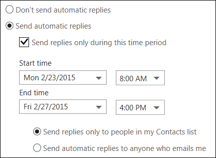 Outlook on the web automatic replies Set time