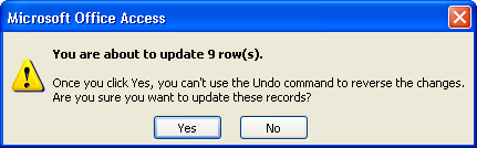 The update query alert message