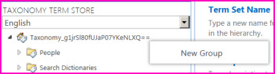 Screen shot of navigation pane in Term Store management tool, showing the New Group menu item selected