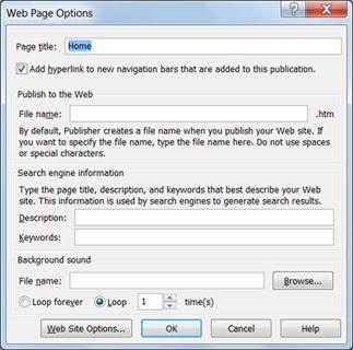 Web page options dialog in Publisher 2010