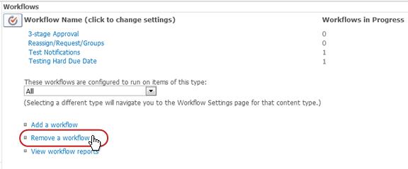 Workflow Settings page with Remove a workflow link called out