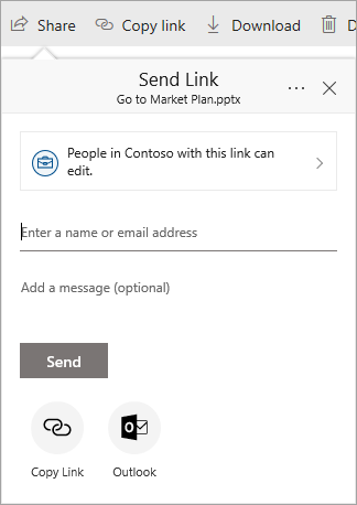 The Send Link dialog box that appears when a file is shared from SharePoint
