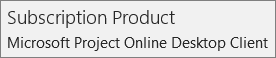 Screen shot of the name Subscription Product: Microsoft Project Online Desktop Client, as it appears in the File > Account section of Project.