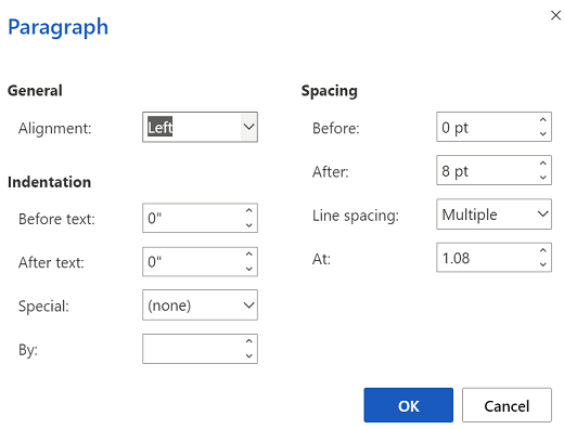Paragraph options dialog box in Word for the web.
