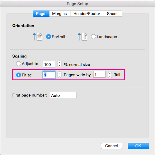 Page Setup dialog box, with Fit to selected