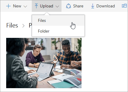 Screenshot showing where to upload files in OneDrive