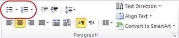 The Bullets and Numbering buttons in the Paragraph group