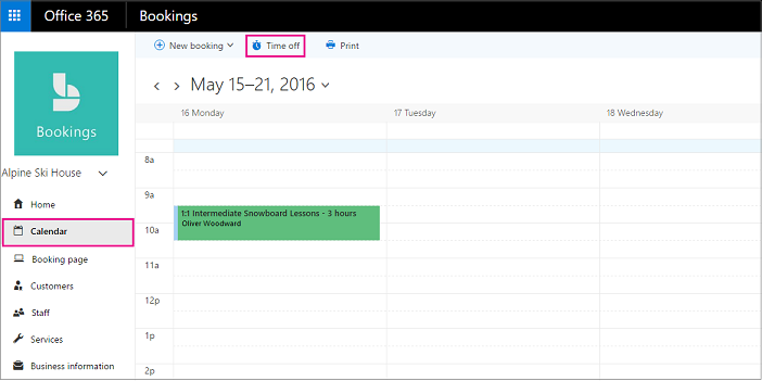 Time off button on Bookings calendar page
