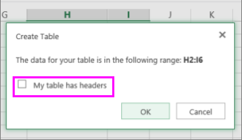 Dialog box for converting data range into a table
