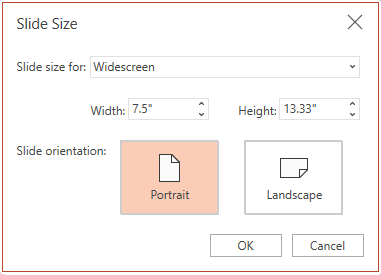 In the Slide Size dialog box, you can choose between a standard or widescreen aspect ratio, and you can choose between landscape or portrait orientation.