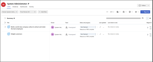 Screenshot of the My OKRs list view with the +Objective button.