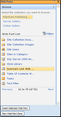 Web Parts Task Pane with Summary Link Web Part selected