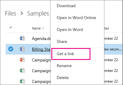 Screenshot of Sharing a document by using Get a link