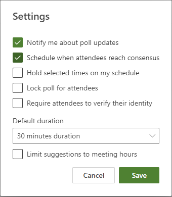 Different settings options available to Scheduling poll organizers.
