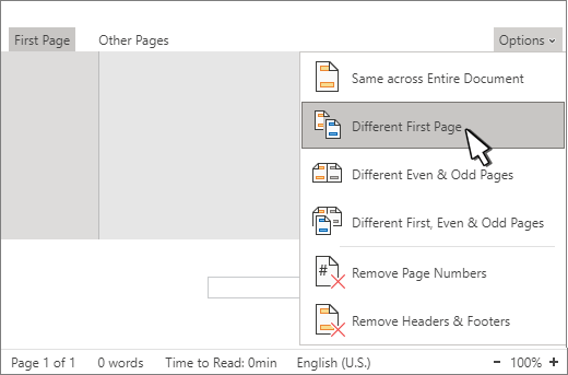 how to have different first page header in word 2016