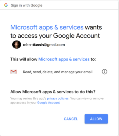 Showing permissions window for Outlook to access your gmail account