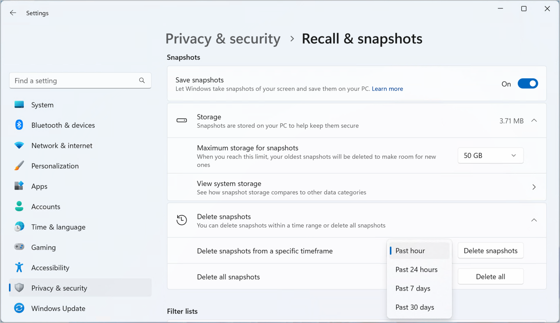 Screenshot of the Recall & snapshots page in Windows settings displaying the timeframe options for deleting snapshots