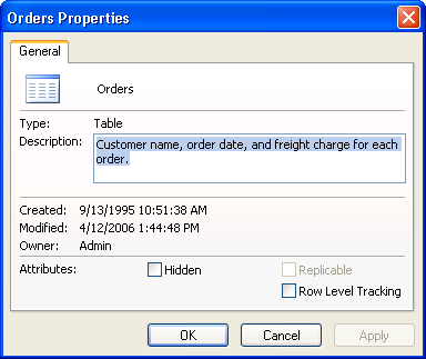 The Properties dialog box for a database object in Access