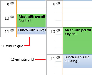 Example of 30- and 15-minute calendar time grid