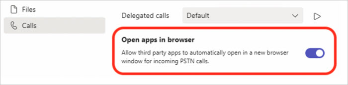 Screenshot of settings to turn on or off call answering in browser pop-up.