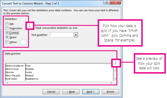 Step 2 in the Convert Text to Columns Wizard