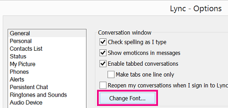 'Screenshot of section of Lync General Options window with Change font button selected'