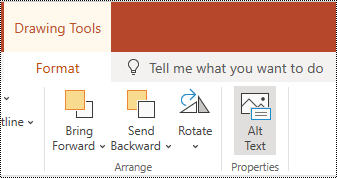 Alt Text button on the ribbon for a shape and video  in PowerPoint Online.